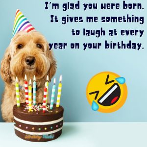 funny birthday message with dog and birthday cake
